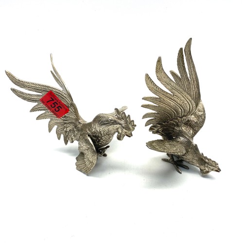 755 - Pair of Silver-Plated Large Fighting Cockerels 14 and 19 cm tall.