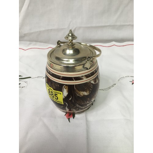 885 - Macintyre mocha agate ware barrel jar metal handle and lid circa 1860 14cm