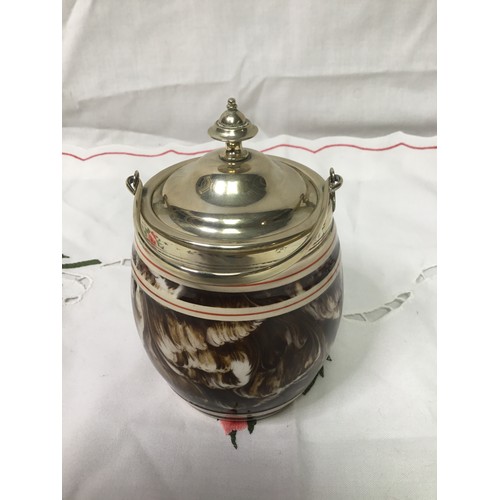 885 - Macintyre mocha agate ware barrel jar metal handle and lid circa 1860 14cm