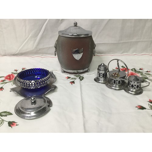 759 - A vintage ice bucket and a blue glass condiment set