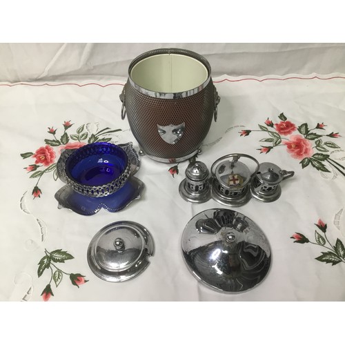 759 - A vintage ice bucket and a blue glass condiment set