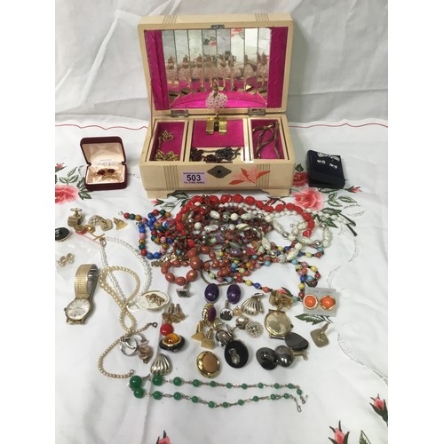 503 - A selection of costume jewellery and a vintage musical jewellery box