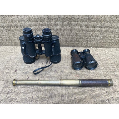 504 - 2 pairs of binoculars one with polar coated optics and vintage military telescope.