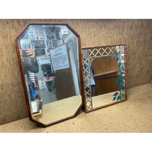 305 - 2 vintage mirrors including bamboo and a bevelled edged.
