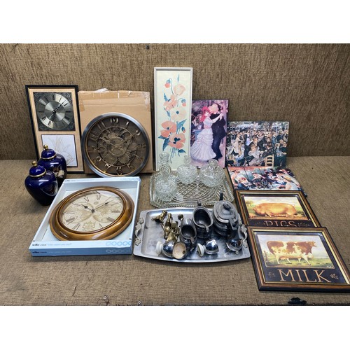 310 - mixed items including a rustic wall clock, and pressed glass heavy dressing table set.