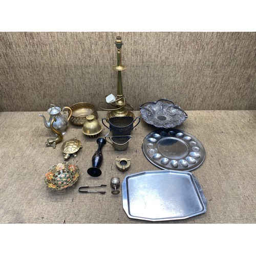 313 - Collection of brass and silver plate items.