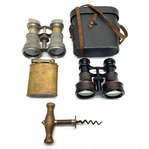 765 - 2 pairs of Opera/Theatre binoculars (Verres) and handmade brass lighter and a vintage corkscrew