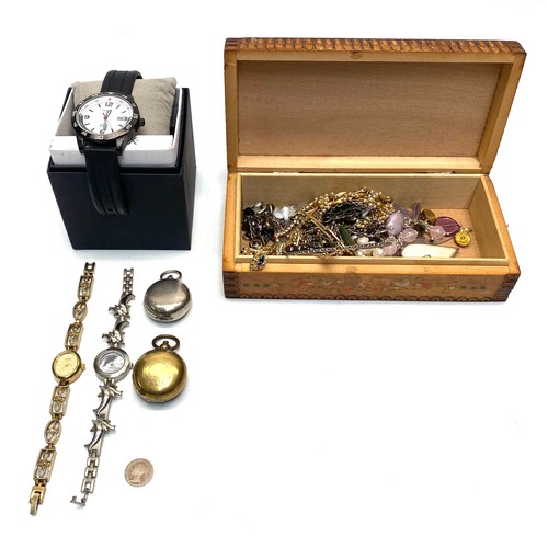 769 - Propelling pencil, two sovereign holders, Gems and a Victorian sixpence, box with costume Jewellery ... 