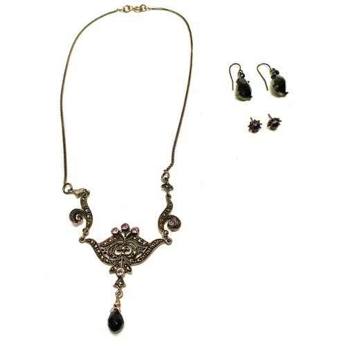 769B - Silver marcasite necklace with vintage Amethyst earrings.