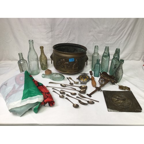 1145 - A selection of items including vintage glass bottles, brass items and brass log/coal pot