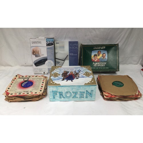 325 - Mixed items including bbc tv question of sport, handmade Frozen box and a quantity of 78 records