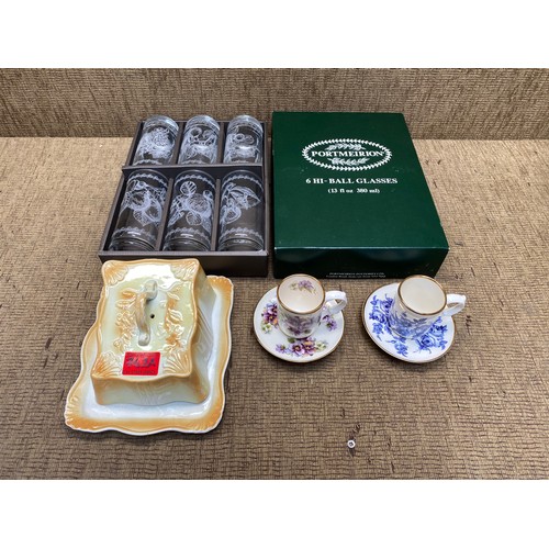 762A - Portmeirion 6 Hi-ball glasses, 2 Nantgarw ceramic tea cups and saucers and a cheese server. (3 items... 