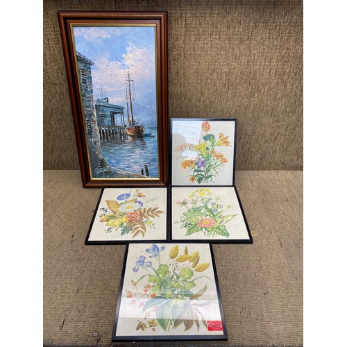 762B - Stunning oil on board "A Cornish Harbour" by W. Hayward with COA to the rear and a set of 4 framed p...
