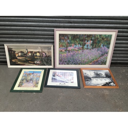 601 - 5 pieces of framed art work including 2 monet prints.