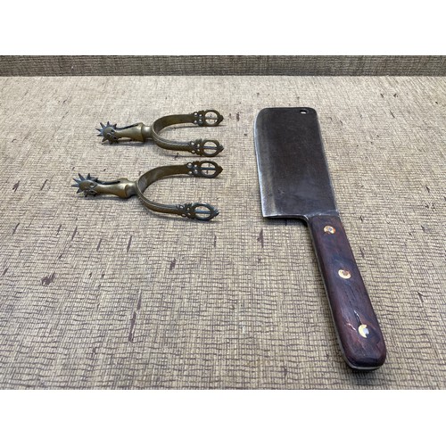 336 - Vintage butcher chopping block knife and a set of antique spurs. Over 18 items, please note these it... 