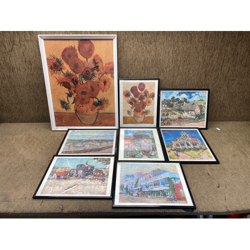 282 - Collection of 8 Vincent Van Gogh prints in frames including Peach Orchid, Sunflowers and Gypsy Camp.