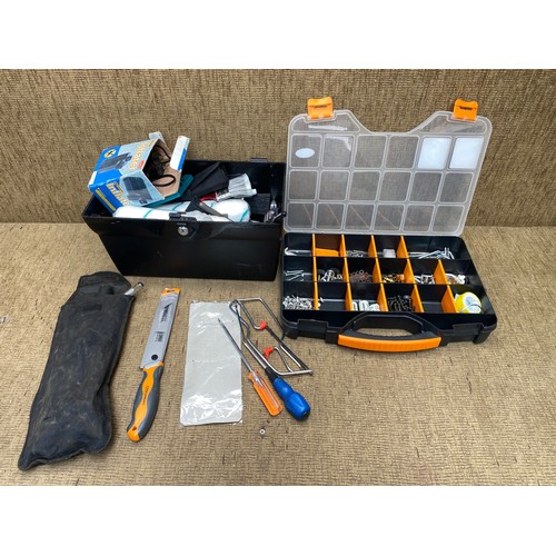 27 - Mixed tools including: Adjustable spanner, Stanley knife and hole saws.