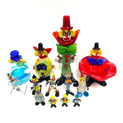 608 - Collection of Murano glass clowns and mini murano glass clown; Largest 28cm.