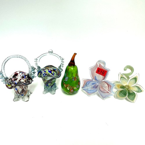 610 - Collection of art glass including: italian standing flower vases and Romanian posy flower basket.