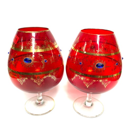 611 - Vintage Bohemian red ruby glass goblet vase gilded with cobalt blue crystals.