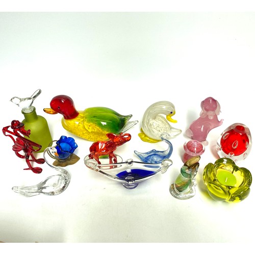 613 - Collection of stunning hand blown art glass and figures including: Welsh mining dragon, Murano duck.