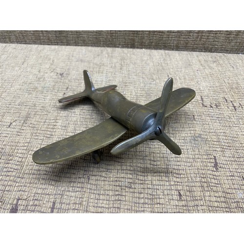 646 - WWII model bronze British fighter plane and Hunter F.6 pilots notes.