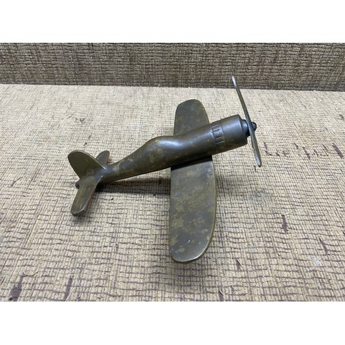 646 - WWII model bronze British fighter plane and Hunter F.6 pilots notes.