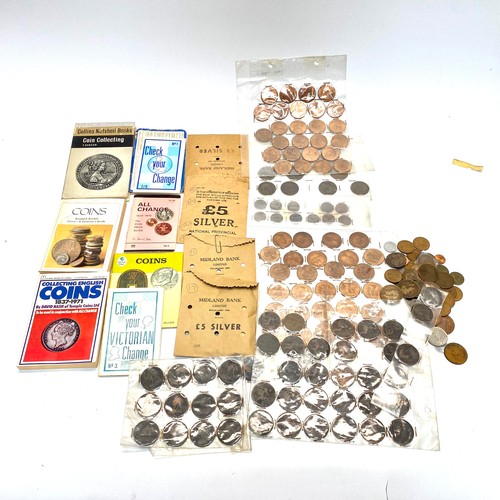 824 - Collection of coins, early coin bags and books.