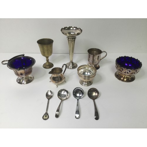 445 - A selection of silver plate items including blue glass lined dishes