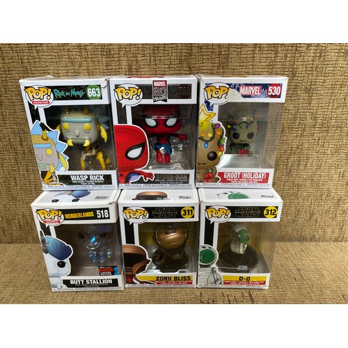 692 - 6 Funko Pop vinyl figures including: Spider-man, Star Wars and Rick and Morty.