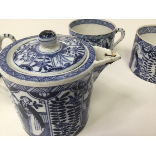 908 - Chinese blue and white Kangxi Style porcelain tea set, age-rated wear with a staple to spout.