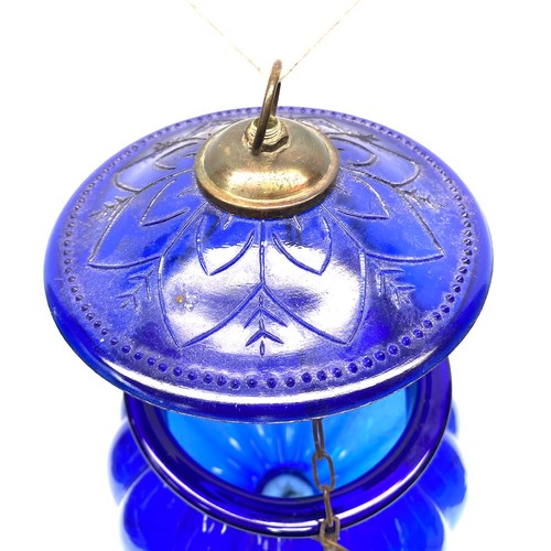 718 - Antique cobalt blue hanging hindi pumpkin bell lantern.