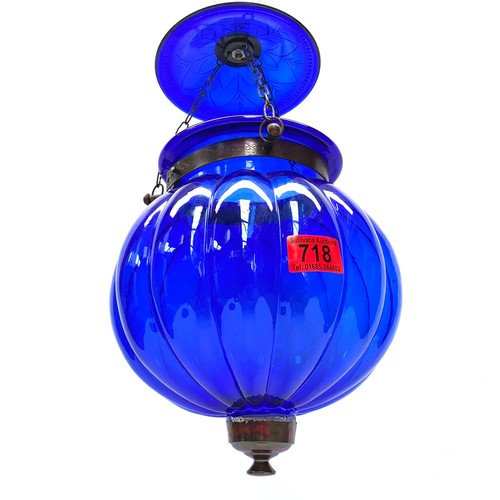 718 - Antique cobalt blue hanging hindi pumpkin bell lantern.