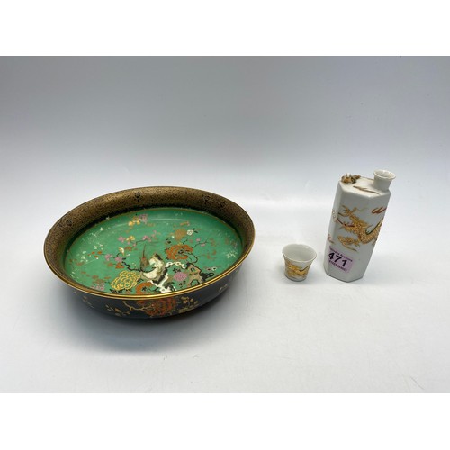 471 - Bursley ware Chinese style dragon serving bowl and Japanese whistling Sake porcelain jug.