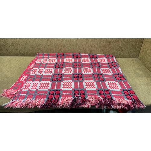 1106 - Vintage single Welsh blanket (pink, black, light blue and cream).