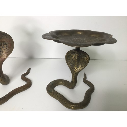 728 - Vintage brass hand painted enamelled king cobra snake candlesticks and a brass snake dish