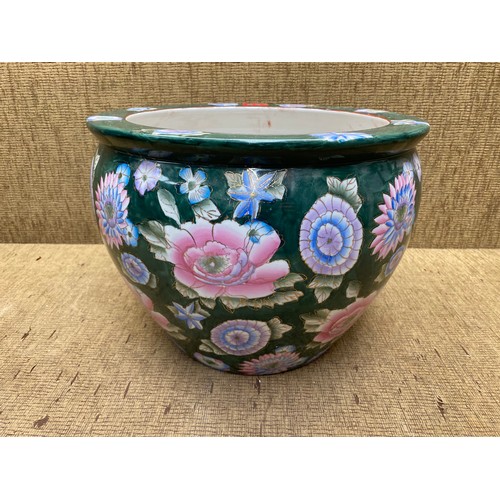 658 - Large chinoiserie hand-painted planter with Koi Carp on the inside. 36cm wide and 26cm in h .