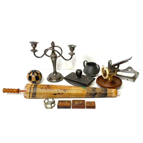 1118 - Collectible items including: Chinese wax paper parasol, silver plate candle stick holder and pewter ... 