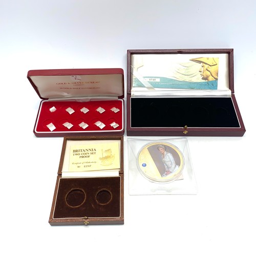 672 - 2 empty Britannia gold proof coin collectors boxes, 1 empty gold & silver bureau london coin collect... 