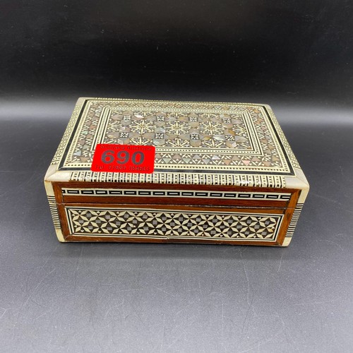 690 - Moroccan Moorish inlaid mother of pearl jewellery box and two other boxes,