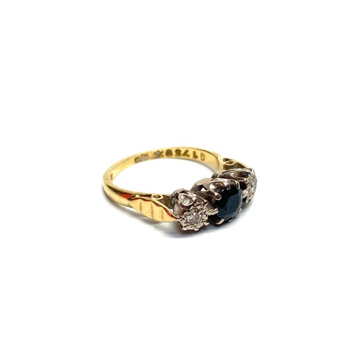 898 - 18ct gold ring three stone sapphire and diamonds 3.6g Size K.