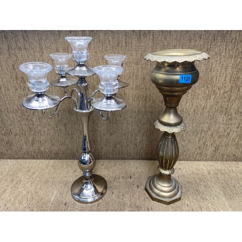 1120 - 1 stainless steel 5 stick candle holder 66cm tall and 1 heavy brass planter 62cm.