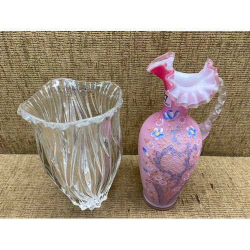 487 - Lovely pink frosted glass claret jug with floral pattern and a vintage lead crystal vase.