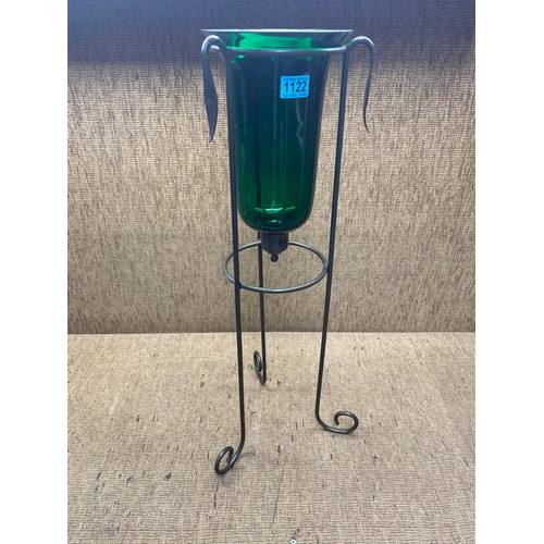 1122 - Vintage green glass dome & metal stand candle holder; 75cm tall.