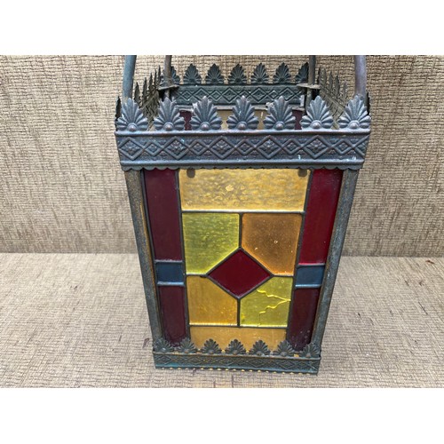 725 - Antique metal framed stained glass lantern; 54cm tall.