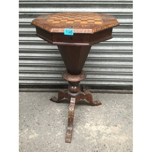 1145 - Victorian sewing table with contents (damage to top) 76cm