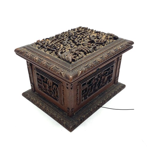 945 - Chinese canton carved wooden jewellery box, 19th century; 20cm x 12cm.