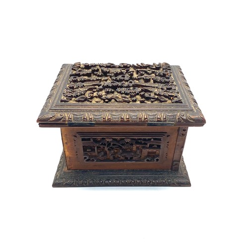 945 - Chinese canton carved wooden jewellery box, 19th century; 20cm x 12cm.