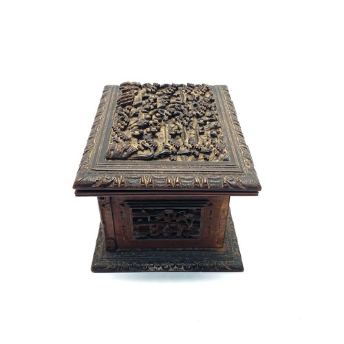 945 - Chinese canton carved wooden jewellery box, 19th century; 20cm x 12cm.