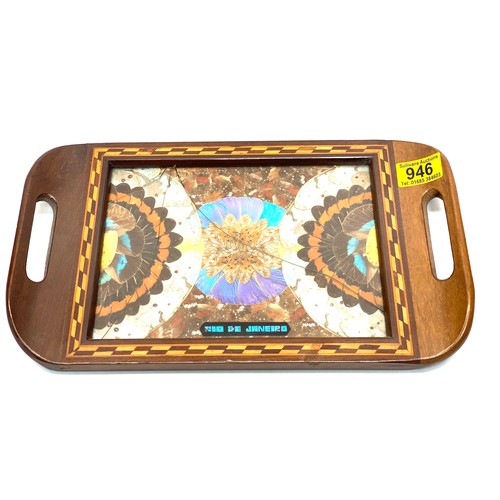 946 - Brazilian butterfly blue iridescent wing art wood inlay tray; 36cm x 22cm.